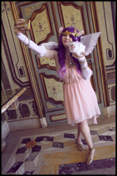 Size: 2730x4095 | Tagged: safe, artist:krazykari, imported from derpibooru, pipp petals, dog, human, pomeranian, clothes, cloudpuff, cosplay, costume, dress, flying pomeranian, g5, high res, humanized, irl, irl human, photo, selfie, solo, winged dog, winged humanization, wings