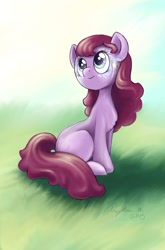 Size: 1416x2142 | Tagged: safe, artist:missymeghan3, imported from derpibooru, oc, oc only, earth pony, pony, earth pony oc, grass, looking up, sitting, solo