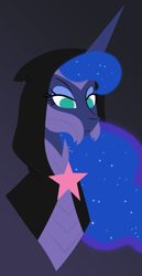 Size: 2606x5036 | Tagged: safe, artist:egor418, idw, imported from derpibooru, princess luna, alicorn, pony, nightmare knights, spoiler:comic, absurd resolution, armor, cape, clothes, ethereal mane, female, gradient background, high res, lineless, mare, no pupils, simple background, solo