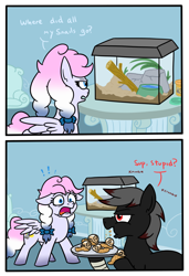 Size: 960x1400 | Tagged: safe, artist:jargon scott, imported from derpibooru, oc, oc only, oc:blood stain, oc:heavy weather, earth pony, pegasus, pony, snail, 2 panel comic, bandage, comic, dialogue, duo, eating, escargot, female, food, horrified, male, mare, meat, open mouth, ponies eating meat, shocked, shrunken pupils, spread wings, stallion, table, terrarium, this will end in death, this will end in tears, this will end in tears and/or death, wide eyes, wings