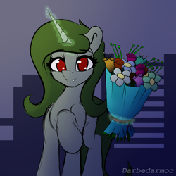 Size: 2048x2048 | Tagged: safe, artist:darbedarmoc, imported from derpibooru, oc, oc only, oc:minerva, pony, unicorn, bouquet, cute, cute little fangs, fangs, female, flower, glowing, glowing horn, horn, international women's day, looking at you, magic, mare, raised hoof, red eyes, solo, telekinesis, unicorn oc