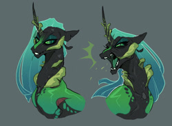 Size: 1686x1237 | Tagged: safe, artist:yozora122, imported from derpibooru, queen chrysalis, changeling, changeling queen, alternate design, bust, gray background, open mouth, simple background, solo