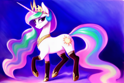 Size: 2304x1536 | Tagged: safe, generator:pony soup v2, imported from derpibooru, princess celestia, alicorn, pony, abstract background, ai content, ai generated, bedroom eyes, clothes, crown, ethereal mane, ethereal tail, female, generator:stable diffusion, hoof shoes, jewelry, looking at you, mare, peytral, prompter:siber, raised hoof, regalia, smiling, smiling at you, solo, stockings, tail, thigh highs, walking, wingless