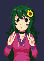 Size: 600x825 | Tagged: safe, artist:terrafomer, imported from derpibooru, wallflower blush, human, equestria girls, alternate clothes, choker, dark background, double peace sign, female, flower, flower in hair, human coloration, peace sign, pixel art, simple background, solo