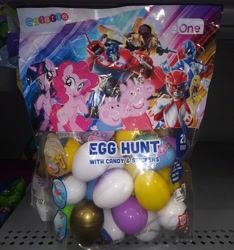 Size: 2448x2620 | Tagged: safe, imported from derpibooru, pinkie pie, twilight sparkle, alicorn, earth pony, human, pig, pony, bumblebee (transformers), easter, easter egg, george pig, hasbro, holiday, merchandise, mighty morphin power rangers, optimus prime, peppa pig, peppa pig (character), transformers, twilight sparkle (alicorn)