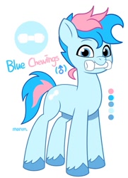 Size: 926x1280 | Tagged: safe, alternate version, artist:maren, imported from derpibooru, oc, oc only, oc:blue chewings, earth pony, pony, g5, looking at you, male, mouth hold, my little pony: tell your tale, reference sheet, show accurate, simple background, smiling, solo, stallion, unshorn fetlocks, white background