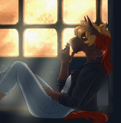 Size: 2140x2176 | Tagged: safe, artist:jeshh, imported from derpibooru, oc, oc only, oc:coal train, anthro, earth pony, clothes, jacket, pants, solo, window