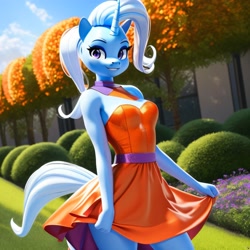 Size: 3072x3072 | Tagged: safe, imported from derpibooru, trixie, anthro, unicorn, ai assisted, ai content, ai generated, breasts, busty trixie, clothes, dress, female, generator:purplesmart.ai, generator:stable diffusion, horn, mare, solo, stupid sexy trixie