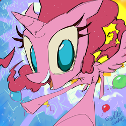 Size: 2000x2000 | Tagged: safe, artist:saltycube, imported from derpibooru, pinkie pie, alicorn, pony, abstract background, alicornified, balloon, cloud, female, mare, pinkiecorn, race swap, smiling, solo, song reference, sparkles, xk-class end-of-the-world scenario