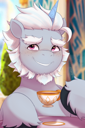 Size: 1880x2814 | Tagged: safe, artist:maren, imported from derpibooru, pony, unicorn, alphabittle blossomforth, cup, dexterous hooves, freckles, g5, gritted teeth, leg fluff, male, open mouth, open smile, smiling, stallion, teacup, teeth