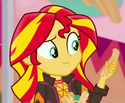 Size: 670x552 | Tagged: safe, imported from derpibooru, sunset shimmer, human, equestria girls, equestria girls series, sunset's backstage pass!, spoiler:eqg series (season 2), churros, cute, female, food, hair, smiling, solo