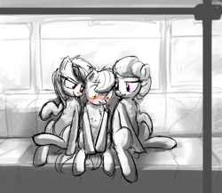 Size: 1000x869 | Tagged: safe, artist:uteuk, imported from derpibooru, oc, oc only, oc:natrix capefiv, bat pony, earth pony, pony, bat pony oc, black and white, blushing, earth pony oc, embarrassed, female, grayscale, larger female, male, mare, monochrome, partial color, sitting, size difference, stallion, train