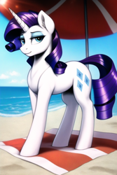 Size: 1024x1536 | Tagged: safe, imported from derpibooru, rarity, pony, unicorn, ai content, ai generated, beach, beach blanket, beach umbrella, ear fluff, eyeshadow, female, generator:novelai, generator:stable diffusion, horn, lidded eyes, looking at you, makeup, mare, outdoors, prompter:endless--, sand, smiling, smiling at you, solo, standing, tail, towel, umbrella, water