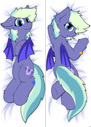 Size: 800x1120 | Tagged: safe, artist:monycaalot, imported from derpibooru, oc, oc:murphy, bat pony, pony, bat pony oc, bat wings, body pillow, bronykindness, commission, fangs, looking at you, lying down, male, solo, wings