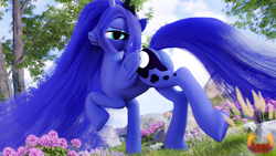 Size: 3840x2160 | Tagged: safe, artist:loveslove, imported from derpibooru, princess luna, alicorn, pony, 3d, blender, butt, day, female, flower, folded wings, high res, horn, looking at you, moonbutt, outdoors, plot, smiling, smiling at you, solo, tail, tree, wings