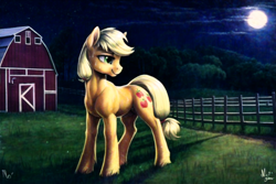Size: 1728x1152 | Tagged: safe, imported from derpibooru, applejack, earth pony, pony, ai content, ai generated, barn, dark, detailed, detailed background, farm, female, fence, generator:novelai, generator:stable diffusion, grass, happy, mare, moon, night, prompter:endless--, smiling, solo, standing, sweat, tail, tired