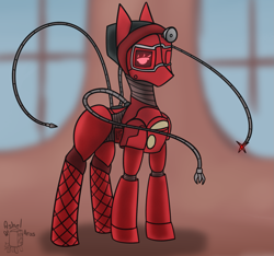 Size: 2025x1898 | Tagged: safe, artist:ashel_aras, imported from derpibooru, oc, oc only, earth pony, pony, robot, robot pony, atomic heart, clothes, female, mare, ponified, rule 85, solo, stockings, thigh highs