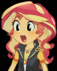 Size: 512x640 | Tagged: safe, editor:luckreza8, imported from derpibooru, sunset shimmer, human, equestria girls, :d, ai content, ai generated, anime, black background, female, generator:pinegraph, open mouth, open smile, simple background, smiling, solo