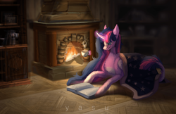 Size: 1920x1243 | Tagged: safe, artist:yasu, imported from derpibooru, twilight sparkle, alicorn, pony, book, bookshelf, chest fluff, cozy, cup, curved horn, female, fire, fireplace, fluffy, glasses, glowing, glowing horn, horn, leonine tail, magic, magic aura, mare, pale belly, reading glasses, solo, tail, teacup, telekinesis, twilight sparkle (alicorn)