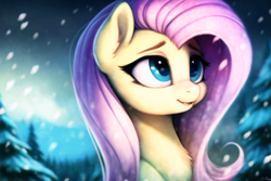 Size: 1728x1152 | Tagged: safe, imported from derpibooru, fluttershy, pegasus, pony, adorable face, ai content, ai generated, blurry background, bust, chest fluff, cute, ear fluff, eye lashes, eyebrows, female, forest, forest background, generator:novelai, generator:stable diffusion, happy, looking up, mare, open mouth, portrait, prompter:endless--, shyabetes, smiling, snow, snowfall, solo