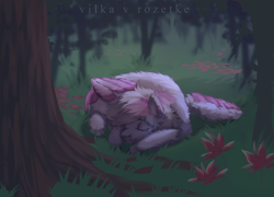 Size: 1920x1386 | Tagged: safe, artist:yasu, imported from derpibooru, oc, oc only, pegasus, fluffy, forest, grass, leaves, pegasus oc, sleeping, solo