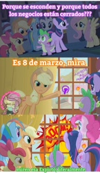 Size: 1080x1860 | Tagged: safe, artist:el almacén de fluttershy, edit, edited screencap, editor:el almacén de fluttershy, imported from derpibooru, screencap, apple bloom, applejack, fluttershy, pinkie pie, rainbow dash, rarity, spike, twilight sparkle, dragon, earth pony, pegasus, pony, unicorn, bridle gossip, my little pony: pony life, season 1, applejack's hat, boom, butt, cowboy hat, explosion, female, feminism, g4, g4.5, graffiti, hat, horn, male, mane seven, mane six, mare, meme, plot, ponyville, satire, spanish, spanish text, sugarcube corner, text, translated in the comments, unicorn twilight, watermark