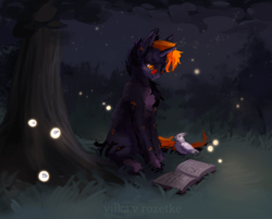 Size: 1920x1540 | Tagged: safe, artist:yasu, imported from derpibooru, oc, oc only, bird, firefly (insect), insect, parrot, unicorn, book, glasses, horn, night, reading, solo, tree, unicorn oc