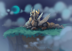 Size: 1920x1362 | Tagged: safe, artist:yasu, imported from derpibooru, oc, oc only, alicorn, alicorn oc, grass, high, horn, lying down, moon, os, wings