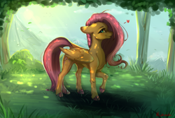 Size: 3702x2505 | Tagged: safe, artist:miokomata, imported from derpibooru, fluttershy, pegasus, pony, colored hooves, dappled sunlight, female, floating heart, floppy ears, folded wings, forest, freckles, freckleshy, heart, high res, looking at you, mare, raised hoof, smiling, smiling at you, solo, wings