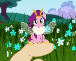 Size: 2566x2060 | Tagged: safe, artist:badumsquish, derpibooru exclusive, imported from derpibooru, pipp petals, bee, bee pony, human, hybrid, original species, pony, :o, adorapipp, antennae, bumblebee, bumblebipp, chest fluff, cute, daaaaaaaaaaaw, female, female focus, flower, flower field, g4, g5, g5 to g4, generation leap, grass, grass field, hand, high res, human pov, in goliath's palm, innocent, insect wings, looking at you, mountain, offscreen character, offscreen human, open mouth, pipp is short, pipp is smol, sitting, size difference, smol, solo focus, species swap, tiny, tiny ponies, tree, weapons-grade cute, wings