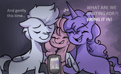 Size: 1133x693 | Tagged: safe, anonymous artist, imported from derpibooru, izzy moonbow, pipp petals, sunny starscout, zipp storm, earth pony, pegasus, pony, unicorn, series:anorexic sunny, anorexia, g5, hug, phone, selfie, skinny, thin, winghug, wings