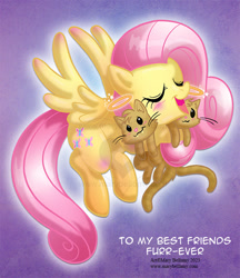 Size: 685x792 | Tagged: safe, artist:marybellamy, imported from derpibooru, fluttershy, cat, pegasus, pony, blushing, commission, cute, eyes closed, female, flying, halo, hug, kitten, mare, open mouth, patreon, patreon reward, shyabetes, signature