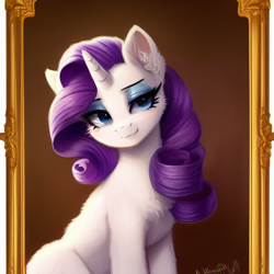 Size: 1024x1024 | Tagged: safe, imported from derpibooru, rarity, pony, unicorn, ai content, ai generated, blushing, chest fluff, cute, ear fluff, female, fluffy, generator:stable diffusion, mare, missing cutie mark, raribetes, sitting, smiling, smirk, solo
