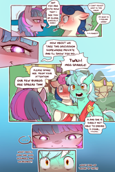 Size: 960x1440 | Tagged: safe, artist:cold-blooded-twilight, imported from derpibooru, bon bon, lyra heartstrings, sweetie drops, twilight sparkle, earth pony, pony, unicorn, cold blooded twilight, comic:cold storm, ..., bedroom eyes, blushing, comic, cute, cute little fangs, dialogue, ear blush, eye contact, fangs, female, flirting, glowing, looking at each other, looking at someone, mare, open mouth, open smile, shivering, smiling, speech bubble, sweat, thought bubble, unicorn twilight, wavy mouth, wide eyes