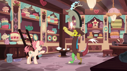 Size: 1280x720 | Tagged: safe, imported from derpibooru, screencap, discord, raspberry vinaigrette, draconequus, earth pony, pony, discordant harmony, cup, duo, female, male, mare, pointing, tea shop, teacup, teapot