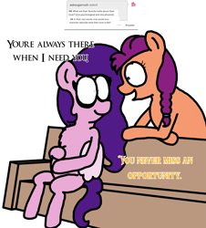 Size: 3023x3351 | Tagged: safe, artist:professorventurer, imported from derpibooru, pipp petals, sunny starscout, earth pony, pegasus, pony, series:ask pippamena, chest fluff, compliment, couch, dialogue, female, g5, lesbian, looking at each other, looking at someone, pippamena, pregnant, primrose petals, shipping, sitting, smiling, sunnypipp