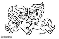 Size: 756x504 | Tagged: safe, artist:marybellamy, imported from derpibooru, hitch trailblazer, zipp storm, earth pony, pegasus, pony, black and white, chibi, duo, duo male and female, eyebrows, female, g5, grayscale, grin, lineart, looking offscreen, male, mare, monochrome, my little pony: make your mark, patreon, patreon reward, signature, simple background, smiling, spread wings, stallion, watermark, white background, wings