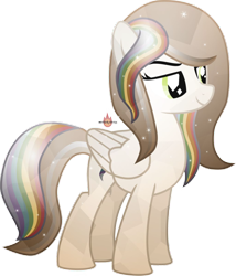 Size: 1026x1200 | Tagged: safe, artist:meteor-spark, editor:nc-tv, imported from derpibooru, oc, oc only, oc:typhoon, pegasus, pony, background removed, brown mane, brown tail, confident, crystallized, eyebrows, female, folded wings, green eyes, highlights, mare, milestone, multicolored hair, pegasus oc, rainbow hair, rainbow stripes, rainbow tail, raised eyebrow, simple background, smiling, solo, tail, transparent background, watermark, wings