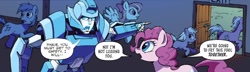Size: 636x184 | Tagged: safe, artist:caseycoller, idw, imported from derpibooru, angel wings, pinkie pie, earth pony, pegasus, pony, spoiler:friendship in disguise02, autobot, comic, female, gauge (autobot), mare, transformers