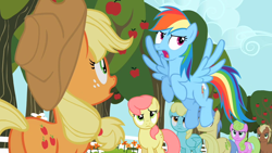 Size: 1280x720 | Tagged: safe, imported from derpibooru, screencap, applejack, rainbow dash, earth pony, pegasus, pony, the super speedy cider squeezy 6000, apple, apple tree, applebutt, butt, female, fence, mare, plot, tree
