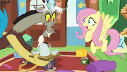 Size: 1280x720 | Tagged: safe, imported from derpibooru, screencap, discord, fluttershy, draconequus, pegasus, pony, dungeons and discords, fluttershy's cottage, fluttershy's cottage (interior)
