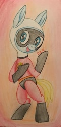 Size: 1627x3401 | Tagged: safe, artist:gracefulart693, imported from derpibooru, oc, oc:finn the pony, earth pony, pony, bipedal, clothes, costume, crossover, male, mask, smiling, stallion, the incredibles, traditional art