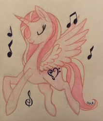 Size: 3024x3557 | Tagged: safe, artist:gracefulart693, imported from derpibooru, oc, oc only, alicorn, pony, alicorn oc, eyes closed, female, horn, mare, music notes, solo, spread wings, traditional art, wings