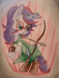 Size: 3024x3949 | Tagged: safe, artist:gracefulart693, imported from derpibooru, oc, oc only, pony, unicorn, arrow, boots, bow (weapon), bow and arrow, clothes, female, glasses, glowing, glowing horn, horn, looking back, magic, mare, rearing, shoes, telekinesis, traditional art, unicorn oc, weapon