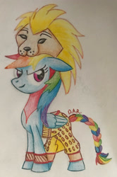 Size: 1995x3005 | Tagged: safe, artist:gracefulart693, imported from derpibooru, rainbow dash, big cat, lion, pegasus, pony, braid, braided tail, clothes, costume, eyelashes, female, hat, mare, simba, solo, tail, traditional art, wings