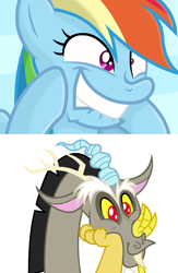 Size: 680x1042 | Tagged: safe, anonymous artist, edit, imported from derpibooru, discord, rainbow dash, draconequus, cute, discute, duo, faic, funny, funny face, grin, lip bite, simple background, smiling, white background