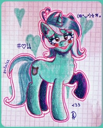 Size: 1809x2251 | Tagged: safe, artist:loohisgod27, imported from derpibooru, lyra heartstrings, pony, unicorn, bedroom eyes, blush sticker, blushing, eyelashes, female, graph paper, mare, raised hoof, smiling, solo, traditional art