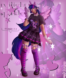 Size: 3400x4000 | Tagged: safe, artist:loohisgod27, imported from derpibooru, twilight sparkle, alicorn, human, alicorn humanization, blursed image, clothes, female, horned humanization, humanized, skirt, socks, striped socks, twilight sparkle (alicorn), waving, winged humanization, zoom layer