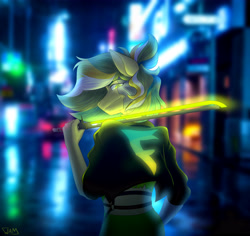 Size: 5300x5000 | Tagged: safe, artist:whatamellon, imported from derpibooru, oc, oc only, oc:shine bite, anthro, big eyes, blurry background, city, clothes, colored pupils, cyberpunk, ears up, eyebrows, eyes open, female, glowing, half body, hand, high res, jacket, katana, light, looking at you, looking back, multicolored hair, night, night city, ponytail, raised hand, rear view, rolled up sleeves, shirt, short hair, shoulder belts, smiling, smiling at you, solo, sword, t-shirt, weapon, wind