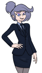 Size: 1280x2188 | Tagged: safe, artist:moonatik, imported from derpibooru, oc, oc only, oc:selenite, human, business suit, clothes, colored sketch, eyeshadow, hand on hip, humanized, humanized oc, light skin, makeup, necktie, pencil skirt, simple background, skirt, smiling, solo, suit, white background